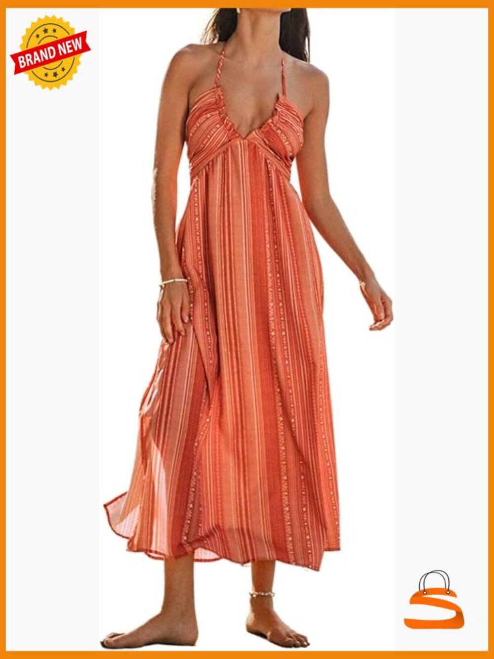 Backless Halter Maxi Dress Ruffle V Neck Sleeveless Summer Sundress